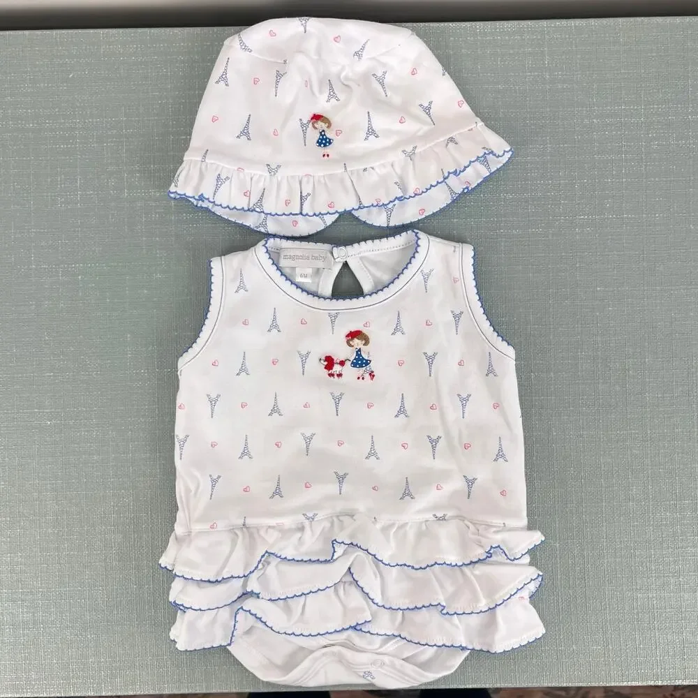 Magnolia Baby Ruffle Bubble Romper & Sun Hat Paris Print 6 Months